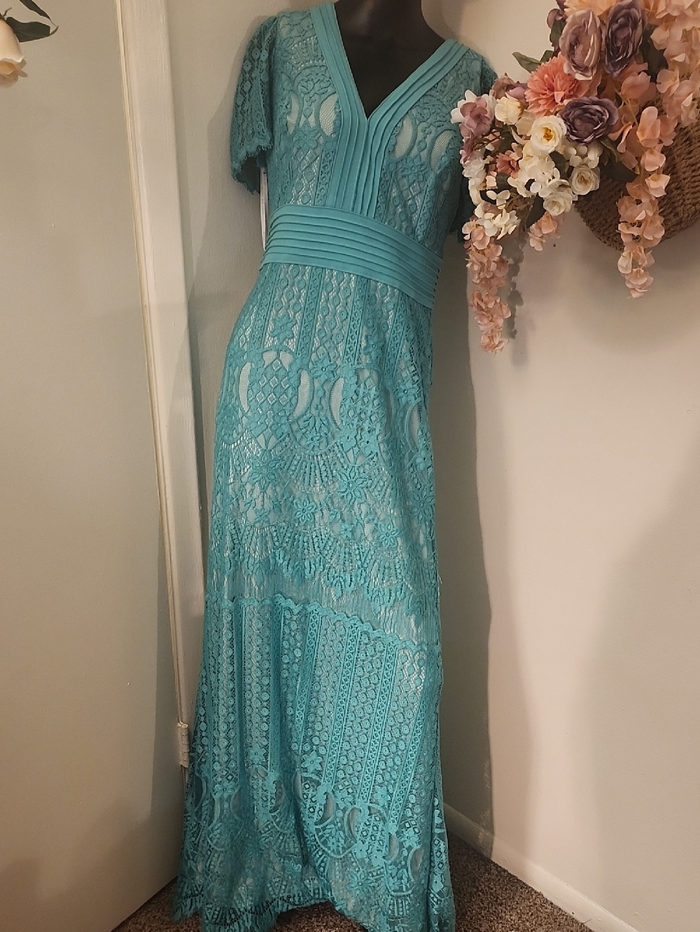 Tadashi Shoji Turquoise Lace V-Neck Maxi Dress